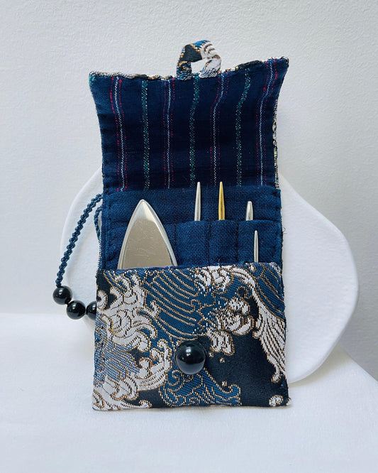YUANWELLNESS: Handmade Acupuncture Teishin Case, Japanese Great Wave, Blue, Teishin Holder - YUAN WELLNESS