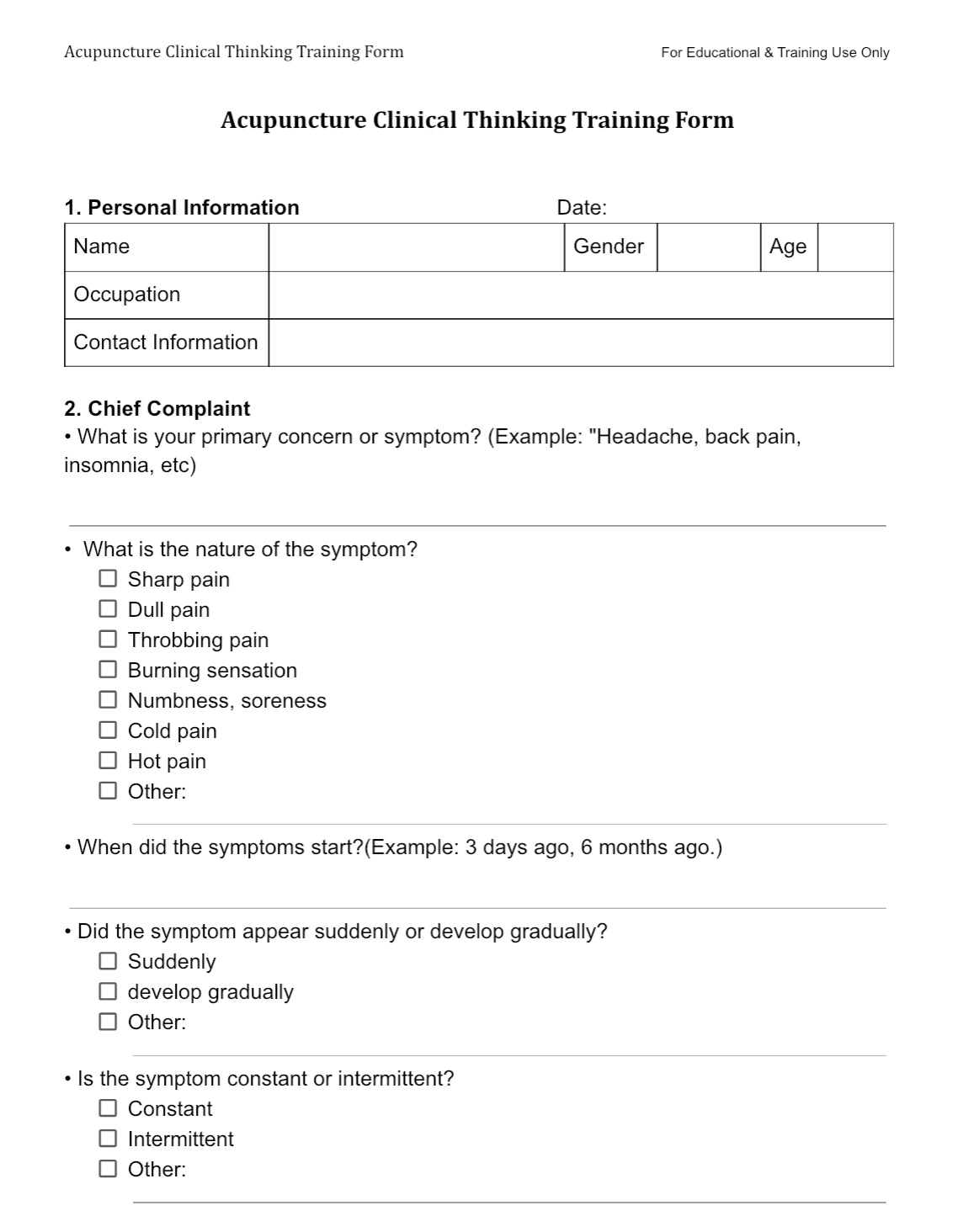 Acupuncture Clinical Thinking Training Form - Comprehensive PDF & Google Form for TCM Students and Practitioners