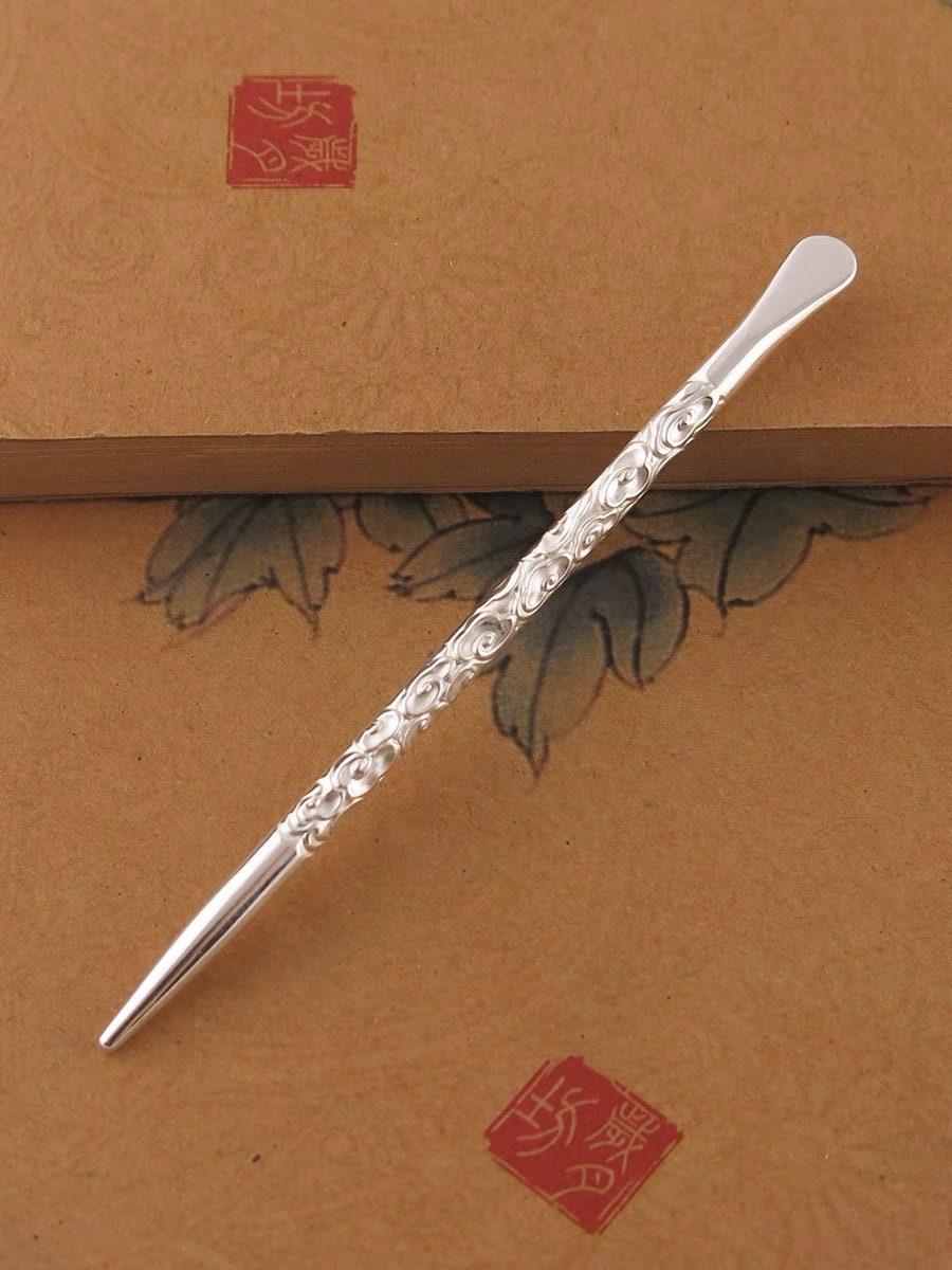 YUANWELLNESS: Handmade Lucky Clouds Pattern Pure Silver Teishin, Tool, Stick, Needle for Acupuncture, Massage, Acupressure - YUAN WELLNESS 