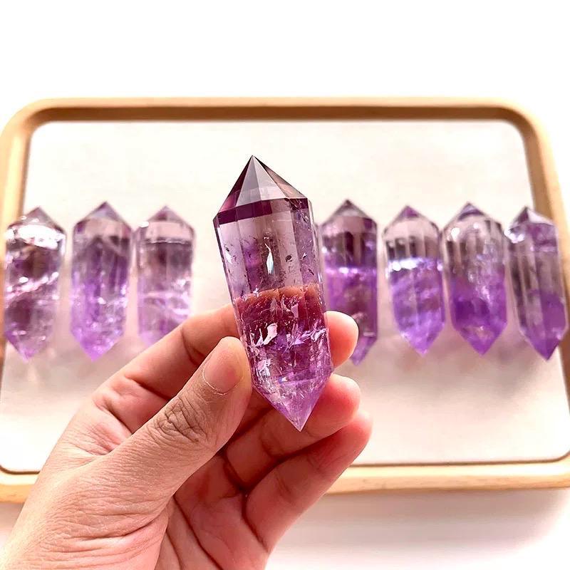 YUANWELLNESS: Natural 12-Faceted Amethyst Vogel Crystal Double-Terminated with Rainbow Inclusions – High-Frequency Crystal Piece - YUAN WELLNESS 